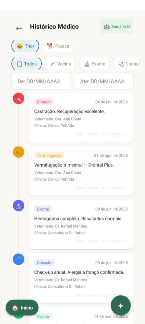 Tela de histórico médico do pet no app Ampatas